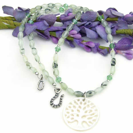 tree of life mother of pearl necklace green prehnite gemstones hand carved