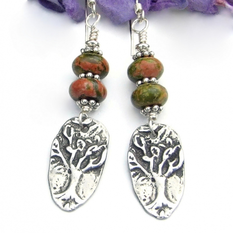 tree of life symbolic handmade earrings yggdrasil unakite gemstones pewter