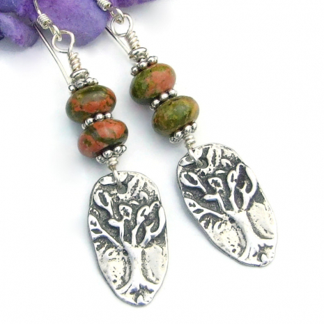 tree of life symbolic handmade jewelry yggdrasil unakite gemstones pewter silver