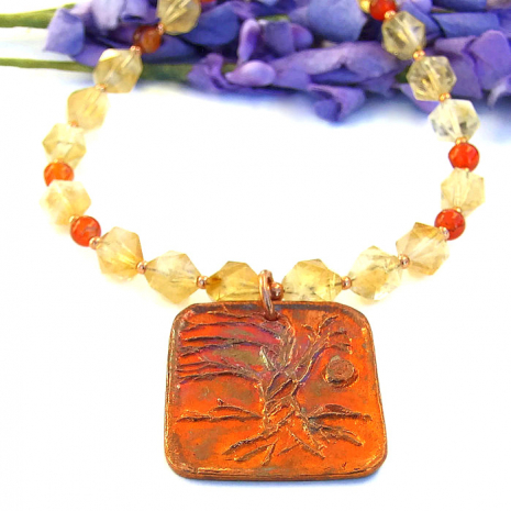 tree of life ygaddrasil moon pendant necklace handmade gemstone jewelry gift