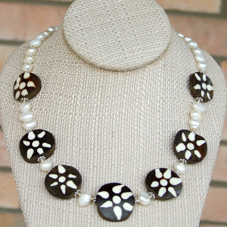 tribal batik bone flower bead necklace handmade gift for women dark brown white