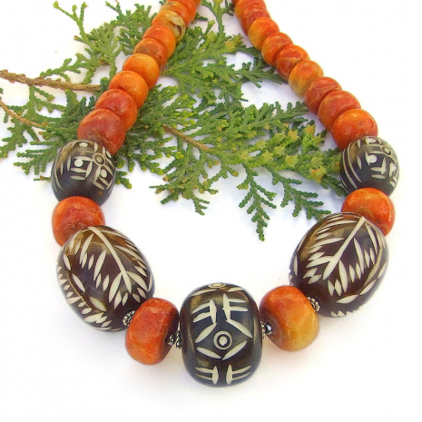 statement jewelry tribal boho jewelry african carved bone beads coral handmade