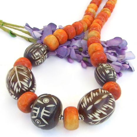 tribal boho necklace african carved bone beads coral handmade statement jewelry