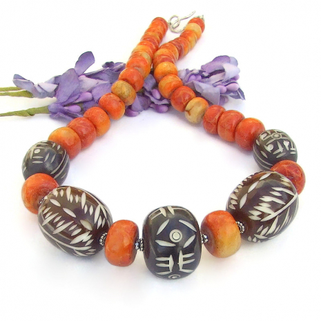 tribal boho necklace handmade brown white african carved bone beads apple coral