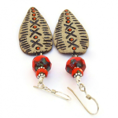 tribal inspired handmade shield jewelry ceramic orange czech glass