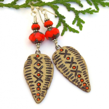 tribal shield jewelry handmade ceramic dots x orange czech glass