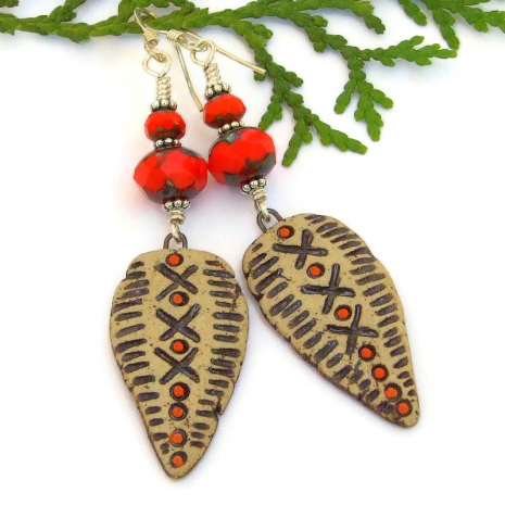 tribal shield jewelry handmade ceramic dots x's orange czech glass