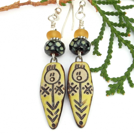 tribal woman man ceramic earrings handmade jewelry gift