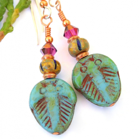 trilobite fossil turquoise glass earrings fuchsia swarovski crystals handmade