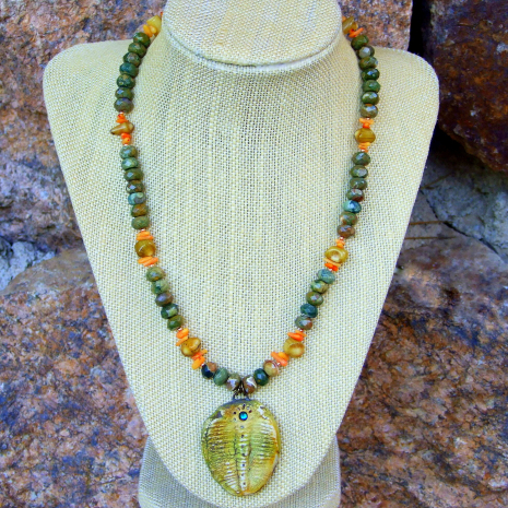 trilobite pendant necklace rhyolite coral jewelry gift for women