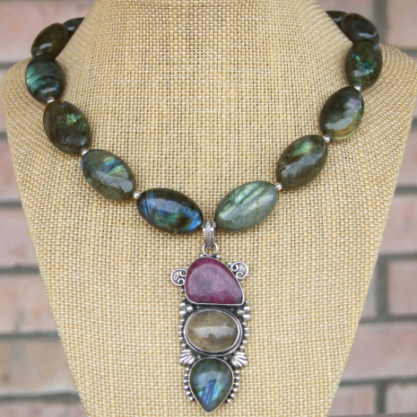 triple gemstone Southwest pendant necklace handmade gift ruby quartz labradorite