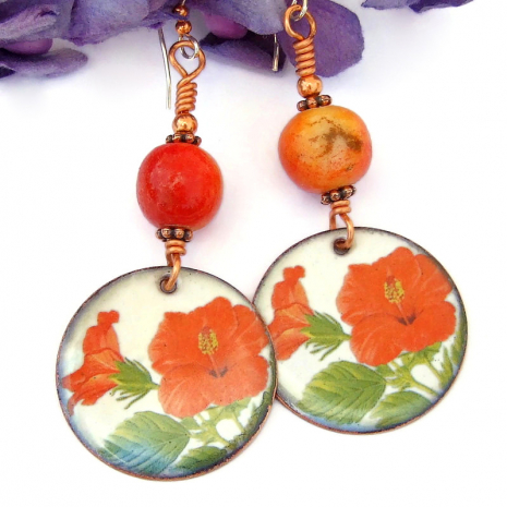 tropical flower jewelry red hibiscus apple limestone  coral handmade