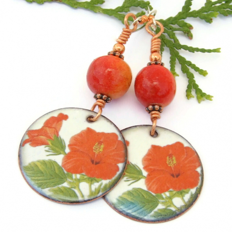 tropical flowers handmade earrings red hibiscus apple limestone  coral