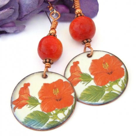 tropical flowers hibiscus earrings apple limestone coral handmade jewelry gift