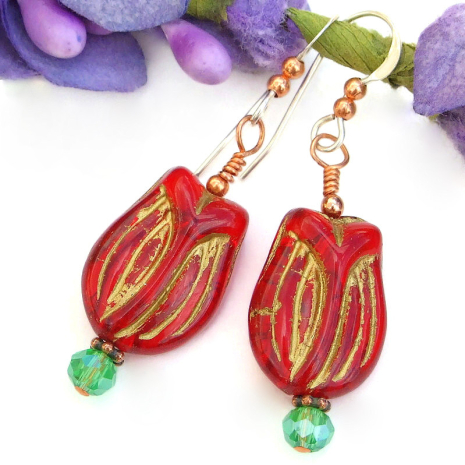 tulip flower earrings handmade red green czech glass