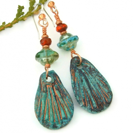 turqoise boho wing dangle earrings copper teal red handmade jewelry