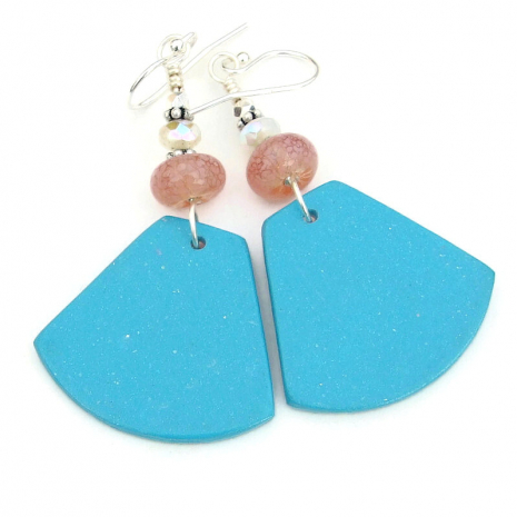 turquoise back side of colorful flower earrings handmade