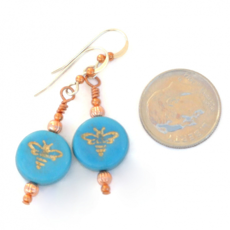 turquoise bee earrings gold copper handmade