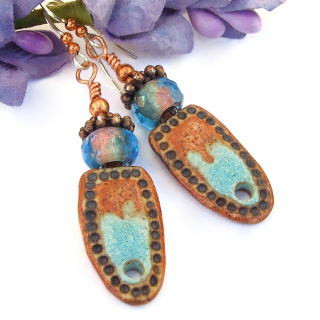 turquoise blue brown ceramic southwest earrings handmade