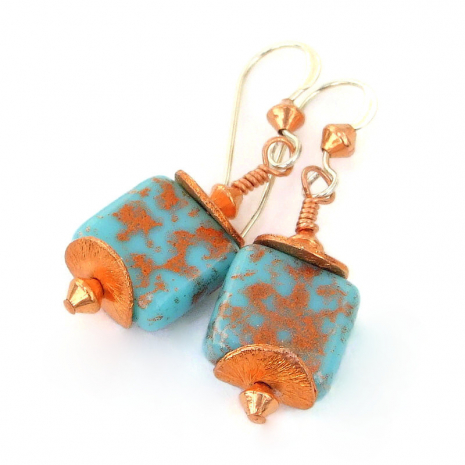turquoise copper glass earrings handmade gift for women