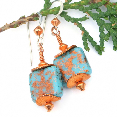 turquoise copper splash earrings czech glass handmade jewelry