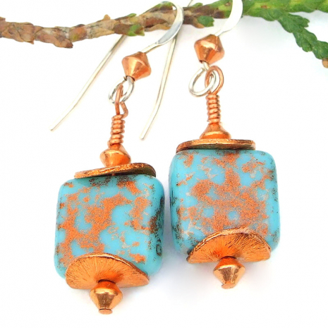 turquoise copper splash jewelry czech glass handmade earrings