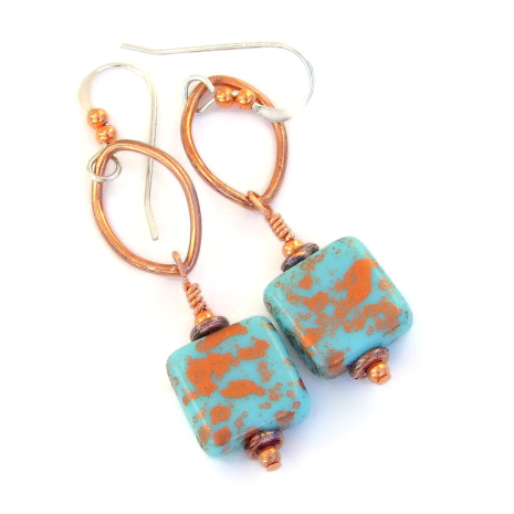 turquoise copper splash square glass earrings handmade gift for women