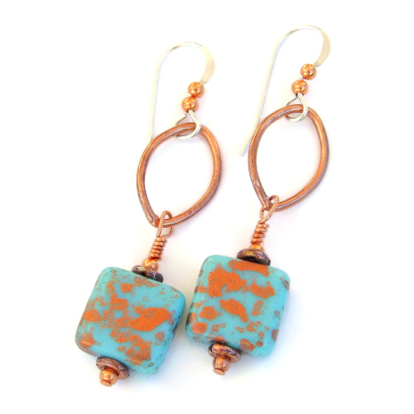 turquoise copper splash square glass jewelry handmade gift for women