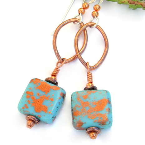turquoise copper splash square oval czech glass dangle earrings handmade jewelry