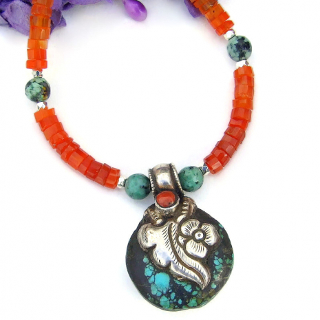 turquoise coral tibetan vintage pendant necklace carnelian handmade jewelry