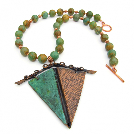 turquoise gemstone necklace with copper turquoise patina kite pendant