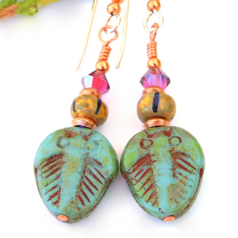 turquoise glass trilobite fossil jewelry fuchsia swarovski crystals handmade