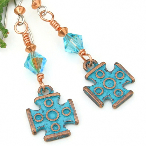 turquoise handmade copper greek cross earrings religious swarovski crystals