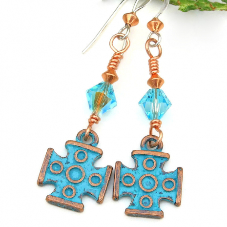 turquoise handmade copper greek cross jewelry religious swarovski crystals