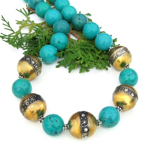 turquoise jewelry moon sun Berber brass beads sterling silver