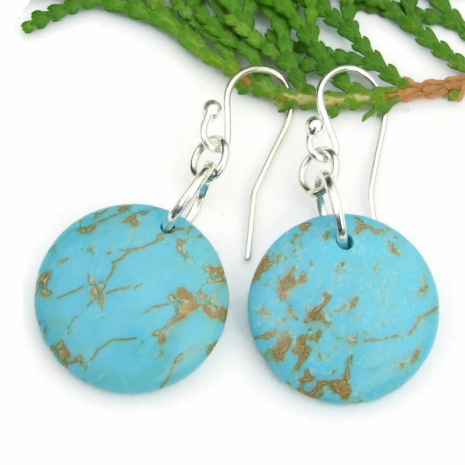 turquoise magnesite coins sterling silver earrings handmade gemstones