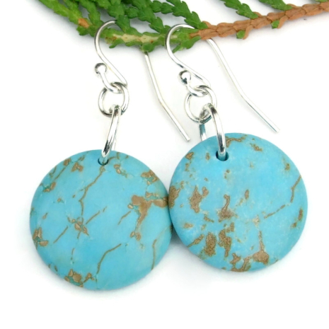 turquoise magnesite handmade coin earrings gemstones sterling silver