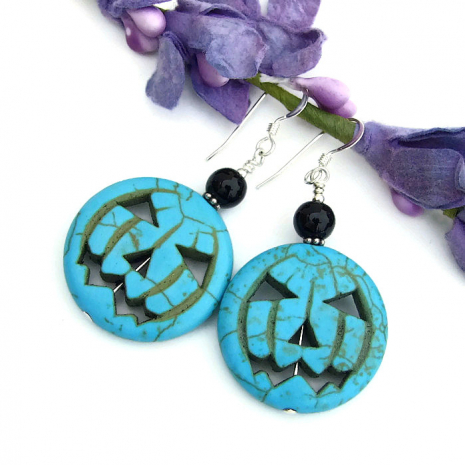 turquoise magnesite jack o lantern earrings handmade halloween gift for her