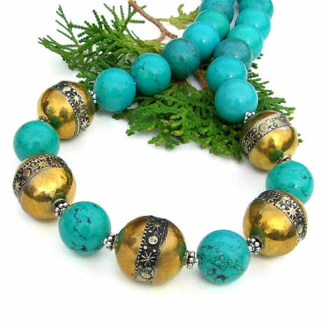 turquoise necklace moon sun Berber brass beads sterling silver