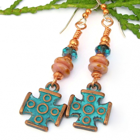 turquoise patina copper greek cross earrings handmade jewelry