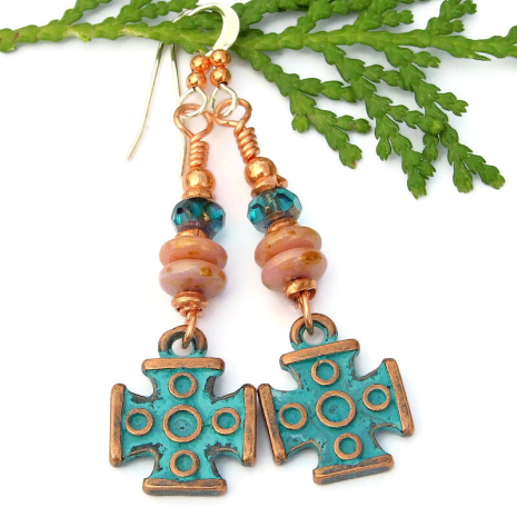 turquoise patina copper greek cross jewelry handmade earrings