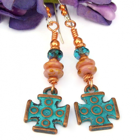 turquoise patina cross charm earrings pink aqua