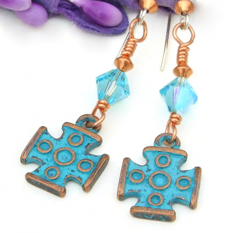 turquoise patina greek cross earrings handmade copper Swarovski crystals