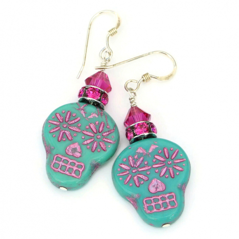 turquoise pink sugar skull earrings gift for her