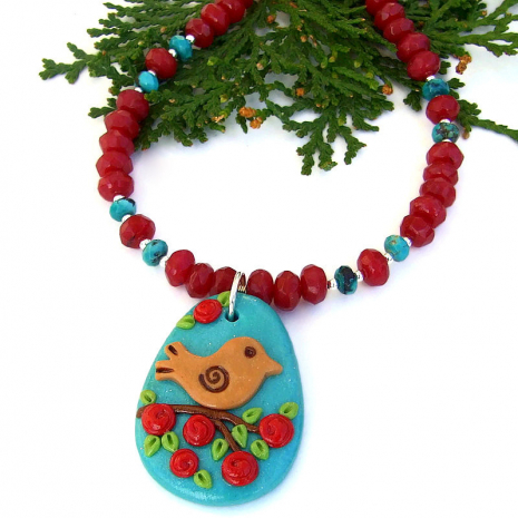 turquoise red bird flowers handmade necklace with gemstones