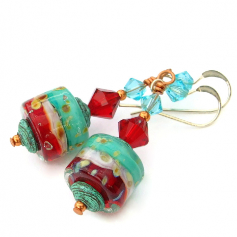 turquoise red white lampwork earrings handmade gift for her