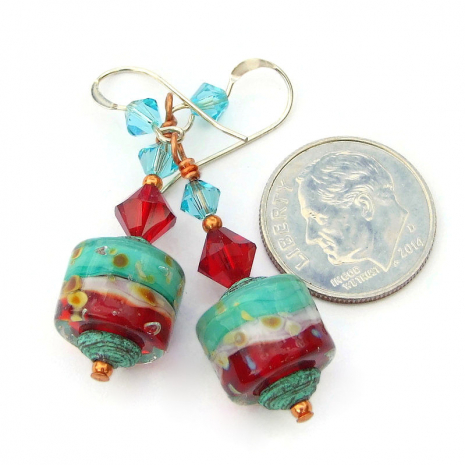 turquoise red white lampwork jewelry handmade gift for her