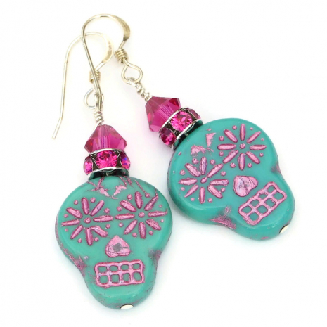 turquoise sugar skull earrings gift for women