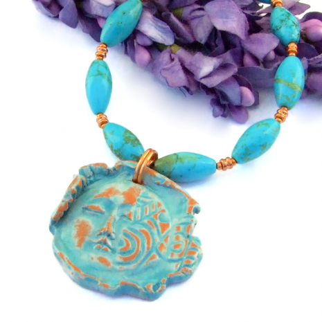 turquoise terracotta face pendant jewelry handmade turquoise magnesite