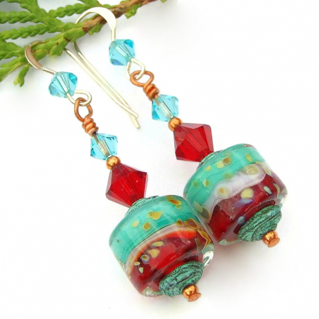 turquoise white red lampwork earrings handmade swarovski crystals